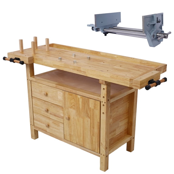 Olurrisa Wood Workbench - Wooden Workbench for Garage Workshop and Home, with Rapid Action Woodworking Vise 10.5 Inch Jaw Width Made with Heavy-Duty Cast Iron , GRAY COLOR