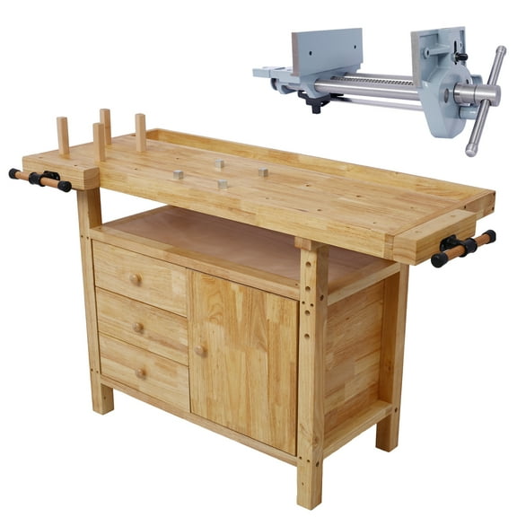 Olurrisa Wood Workbench - Wooden Workbench for Garage Workshop and Home, with Rapid Action Woodworking Vise 7 Inch Jaw Width Made with Heavy-Duty Cast Iron ,GRAY