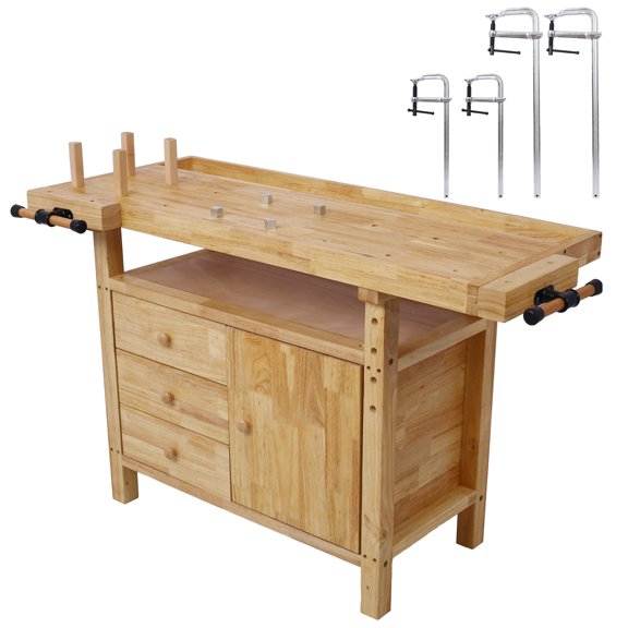 Olurrisa Wood Workbench - Wooden Workbench for Garage Workshop and Home, with Bar Clamps Set 2 pcs 12 inch x 3inch+ 2pcs 20inchx4-3/4" ,4pcs pack