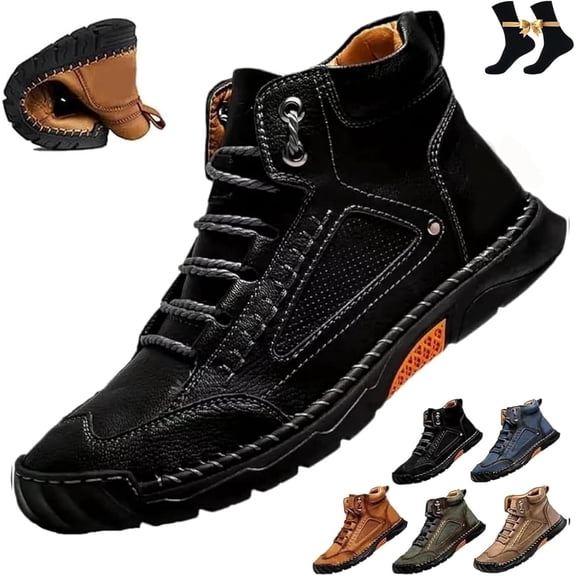 Olveros Boots,Hillde Mens Shoes,Comfortable Walking Shoes Sneakers,Men's Casual Leather Handmade Non-Slip Arch Support Sneakers, Outdoor Wide Toe Hiking Shoes