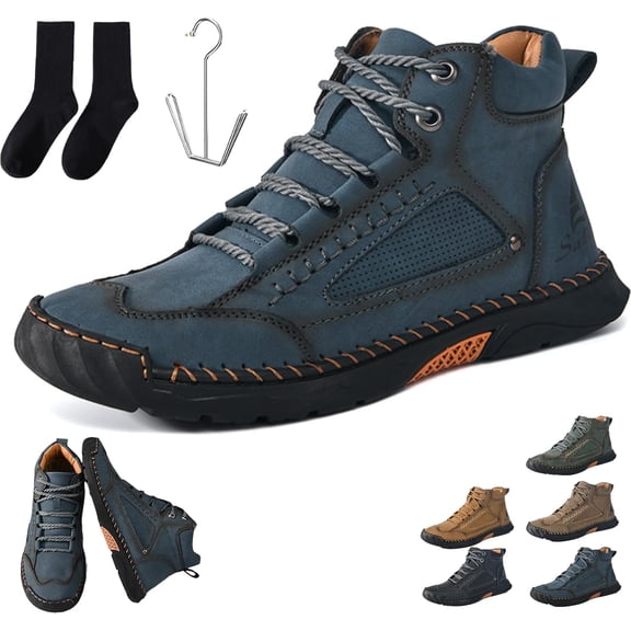 Olveros Boots Men's Comfortable Handmade Leather Boots Waterproof, Arch Support Pressure Relief Spacious Toe Box Outdoor Shoes