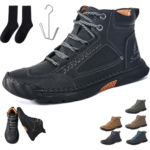 Olveros Boots Men's Comfortable Handmade Leather Boots Waterproof, Arch Support Pressure Relief Spacious Toe Box Outdoor Shoes