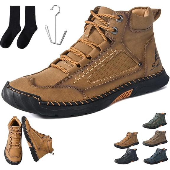 Olveros Boots Men's Comfortable Handmade Leather Boots Waterproof, Arch Support Pressure Relief Spacious Toe Box Outdoor Shoes