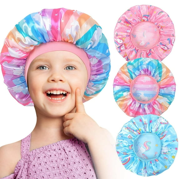 OlyPegic 3Pcs Kids Satin Bonnet, Silk Bonnet Sleeping Cap, Night Hair Hats Elastic Wide Band Baby Bonnet Natural Hair for Toddler Teens Child Girls