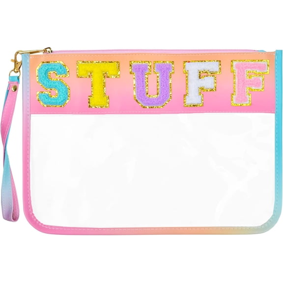 OlyPegic Chenille Letter Bag Clear Makeup Bag, Snack Bag for Travel Patch Cute Stuff Bag Preppy Clear Cosmetic Toiletry Beach Bag Zipper Pouch Waterproof for Women Girls