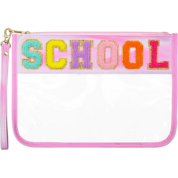 OlyPegic Chenille Letter Bag Clear Makeup Bag, Snack Bag for Travel Patch Cute Stuff Bag Preppy Clear Cosmetic Toiletry Beach Bag Zipper Pouch Waterproof for Women Girls