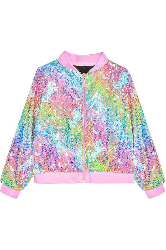 Girls Sequin Jacket Sparkly Glitter Bomber Kids Outwear with Pockets Zipper Coat Long Sleeve Jackets 4-12T
