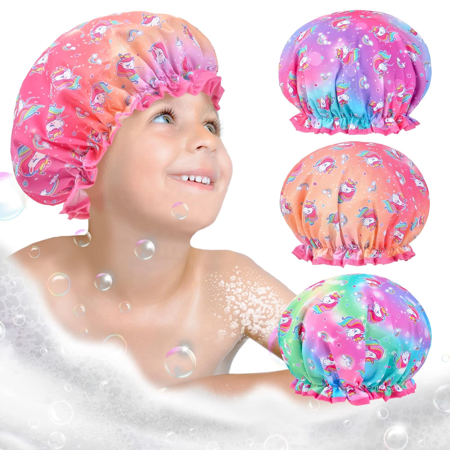 Shangling Shower Caps, 3 Piece Waterproof Bath Caps Plastic Reusable