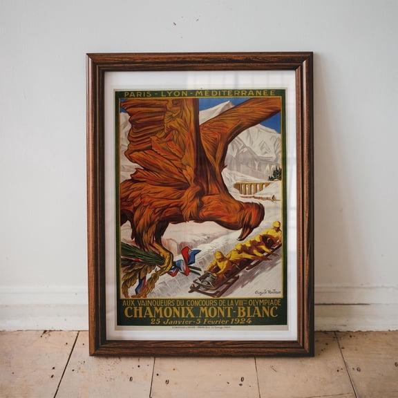 Olymics 1924 Vintage Wall Decor Poster, Chamonix Mont Blanc, Paris, Lyon, Mediterranean, 20'S Art, Sport Art, Bobsledding, Unframed Canvas Size 16x24