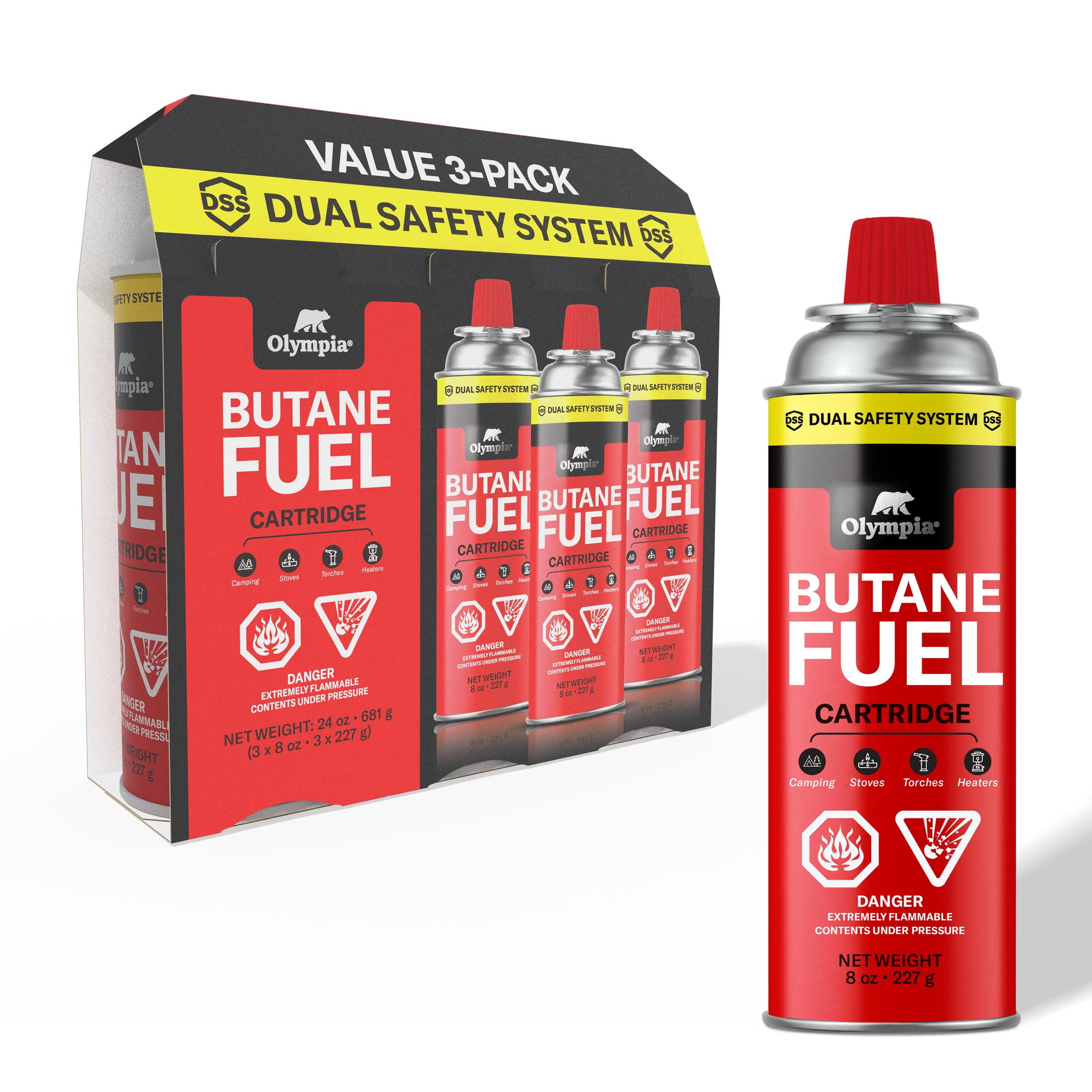 Olympia 8oz Butane Gas Canister with ABS Safety Valve for Portable Stoves and Heaters. 3-Pack.