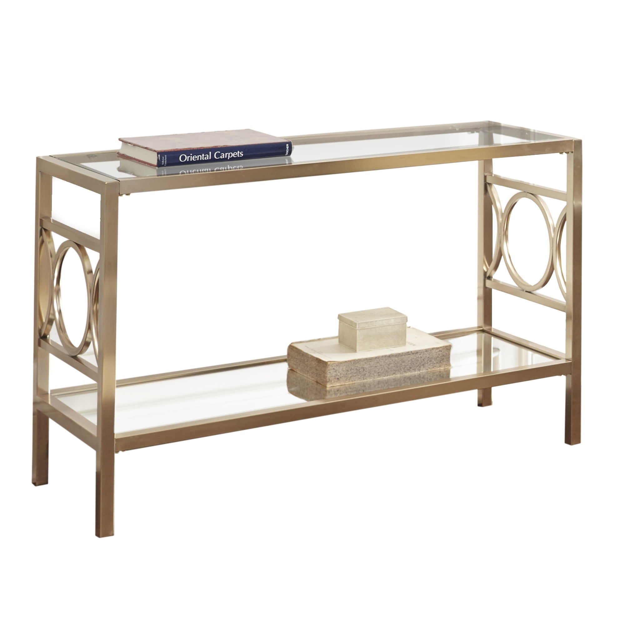 Aurelia Gold Chrome & Glass Sofa Table with Mirrored Shelf