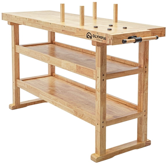 Olympia Tools 60 Inch Heavy Duty Rubberwood Workbench with Vise Slot and Bench Dog Holes