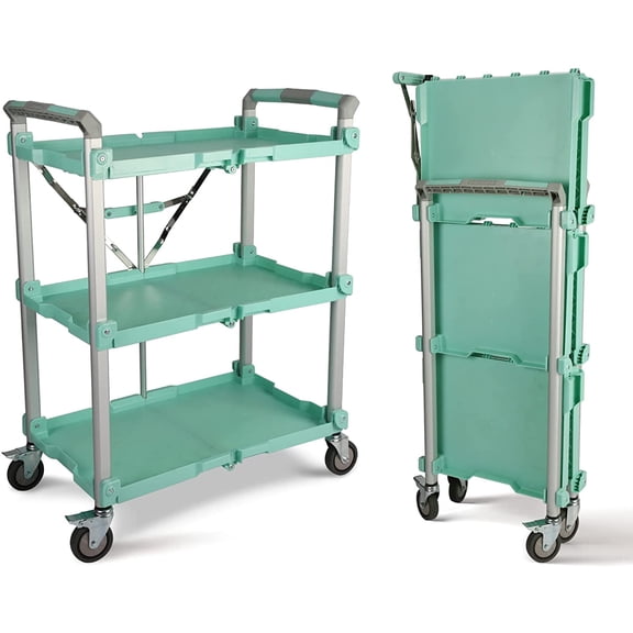 Olympia Tools 89-353 Pack N Roll Collapsible Service Cart, XL, 300LB Capacity, 3-Tiered, Green,Teal