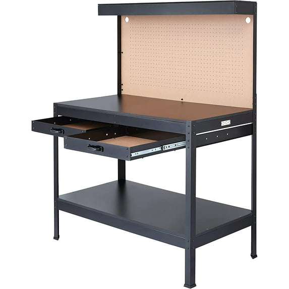 Olympia Tools Multipurpose Workbench With Power Outlets and Light, Heavy-Duty Steel Tool Workbench with Pegboard Shelves, 220Lbs Multipurpose Work Benches for Garage, Home, Workshop , Black