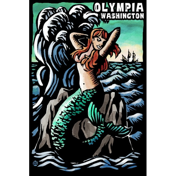 Olympia, Washington, Mermaid, Scratchboard (9x12 Wall Art Print, Home Decor)