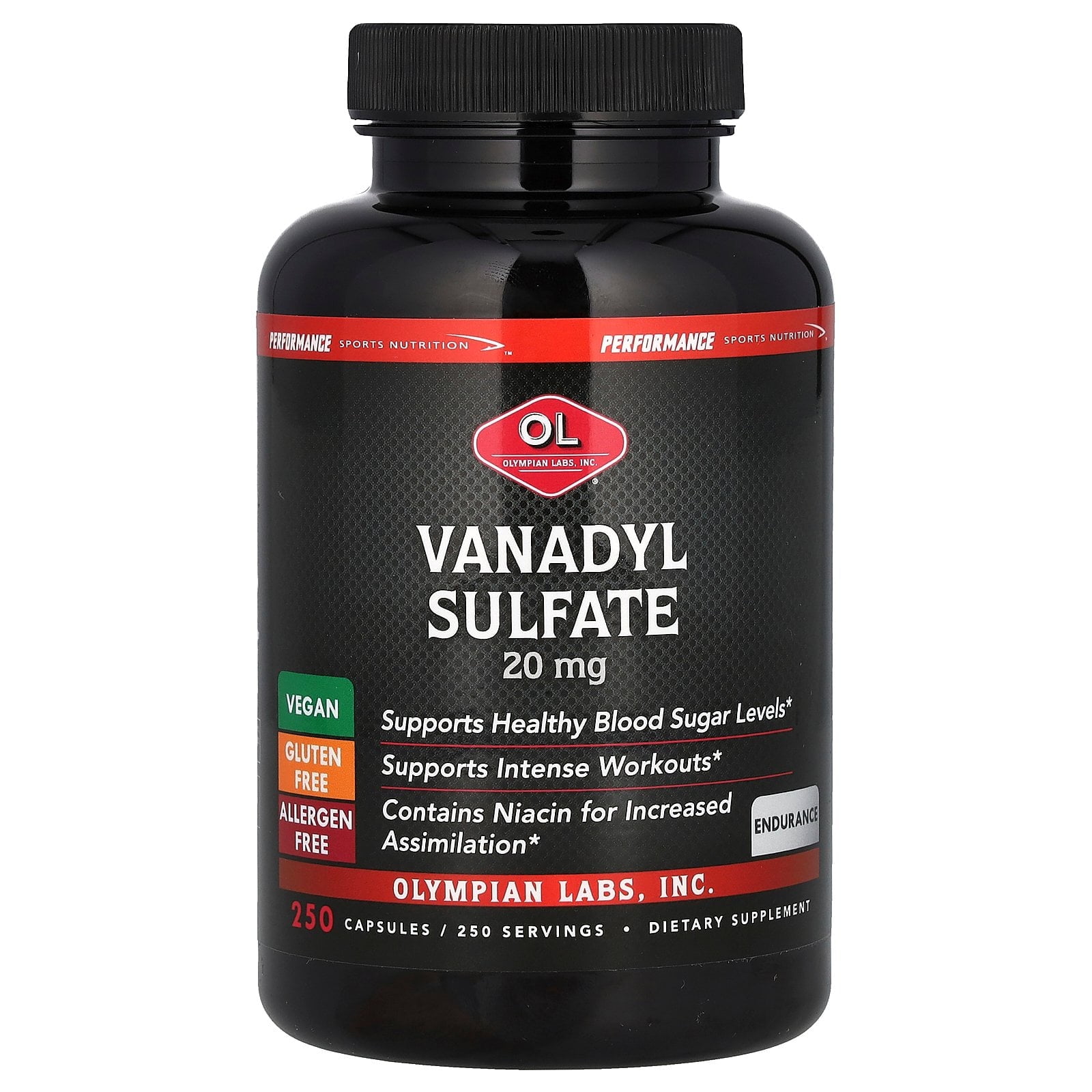 Olympian Labs Vanadyl Sulfate 20 mg Plus Niacin 20mg Capsules, 250 Count