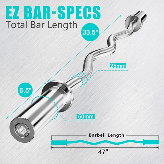Olympic Curl Barbell Bar, 47" Curl Bar for Weight Lifting,Chrome Curling Bar for 2 Inch Weight Plates,Biceps, triceps, Back/Leg Muscle Group Exercise,Training Bar for Home Gym