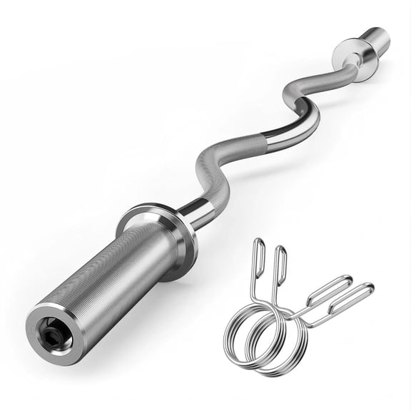 Olympic EZ Curl Bar 47" for Weight Lifting with 2 Spring Collars, Barbell