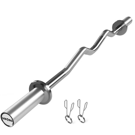 Olympic EZ Curl Barbell Bar, 48-inch Curling Bar, Fits 2-inch Weight Plates, Strength Training Bar for Squats, Hip Thrusts, Bench Press, and Weightlifting, with 2 Spring Collars