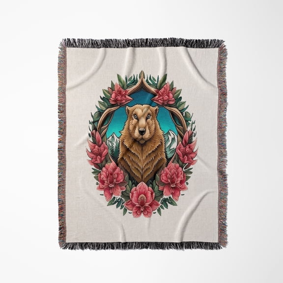 Olympic Marmot Surrounded By A Wreath Of Rhododendron , Woven Blanket
