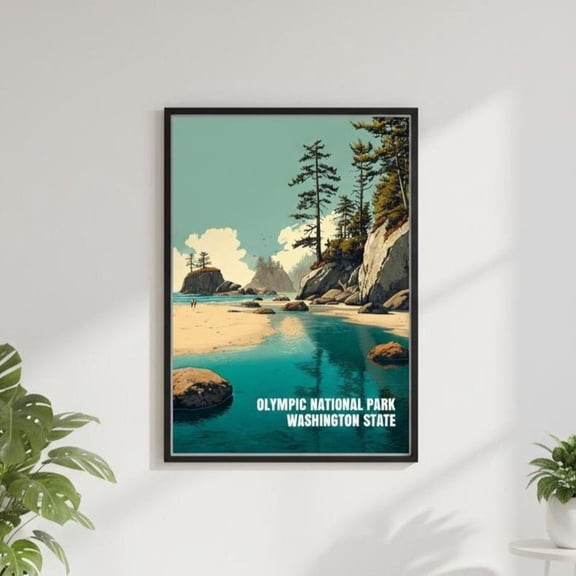 Olympic National Park Print, Washington State Travel, Vintage Style Wall Art, Coastal Landscape Home Decor #150, Unframed Poster Size 24x36