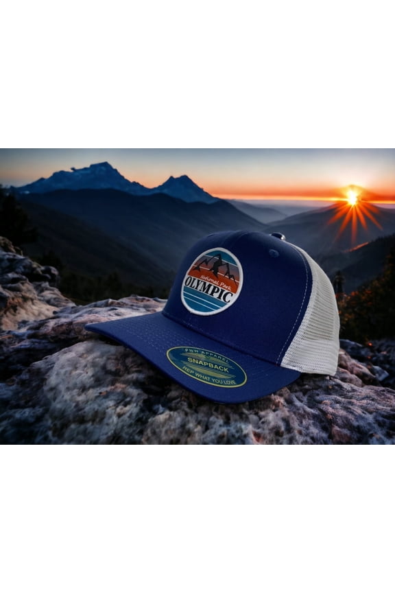 Olympic National Park Trucker Hat - Navy Blue on White Mesh