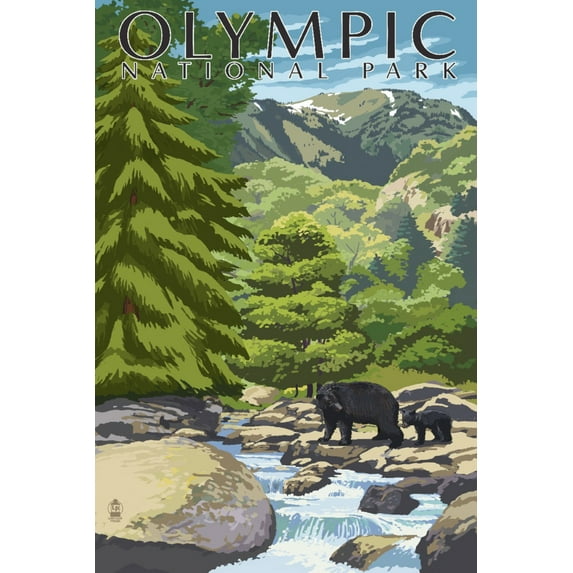 Olympic National Park, Washington, Bear Family and Creek (24x36 Giclee Gallery Art Print, Vivid Textured Wall Decor)