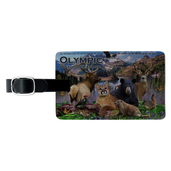 Olympic National Park Washington WA Animals Cougar Bear Elk Beaver Rectangle Leather Luggage Card Suitcase Carry-On ID Tag