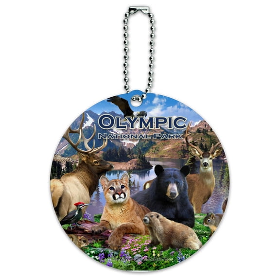 Olympic National Park Washington WA Animals Cougar Bear Elk Beaver Round Luggage ID Tag Card Suitcase Carry-On