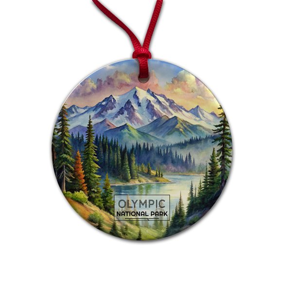 Olympic National Park Washington Watercolor Christmas Tree Holiday Round Ceramic Ornament