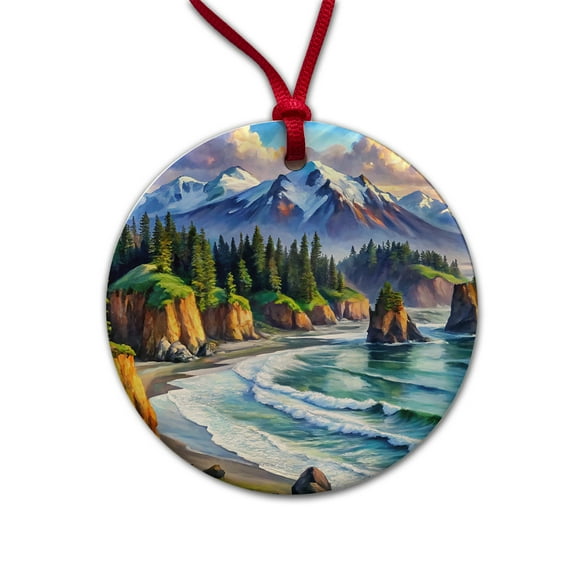 Olympic National Park Washington Watercolor Style Christmas Tree Holiday Round Ceramic Ornament