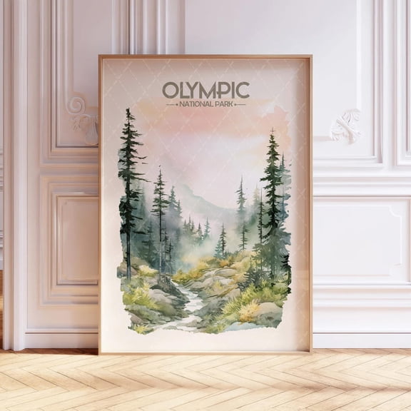 Olympic National Park Watercolor Travel, Us National Parks, Soft Pastel Tones, Colorful Landscape Wall Art #3089, Unframed Poster Size 8x12