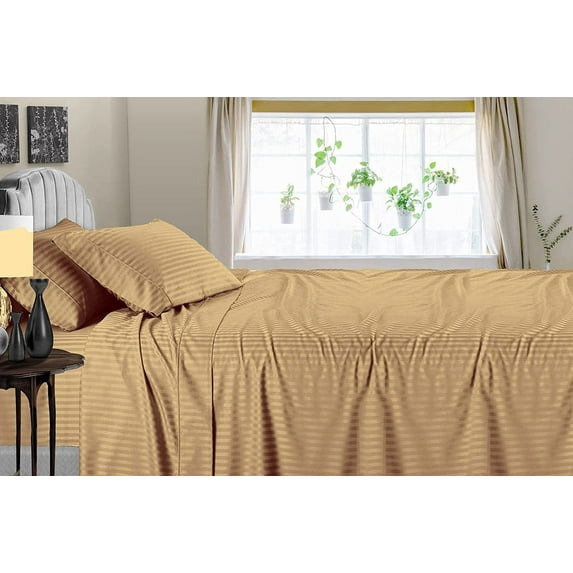 Olympic Queen Size 100% Egyptian Cotton 5 Piece Bedding, Luxury Sheet Set with 18 Inch Deep Pocket - 400TC Comfortable & Machine Washable Sheets - Taupe Stripe.
