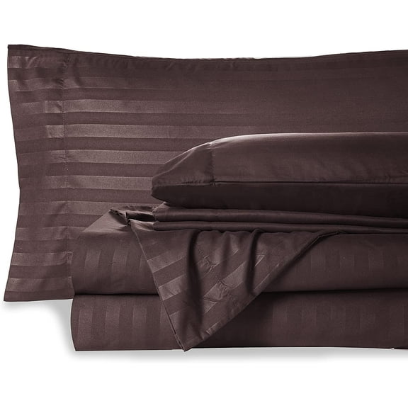 Olympic Queen Size 6 Piece Sheet Set,600TC, 100% Egyptian Cotton - 16" Deep Pocket Fitted Sheet - Chocolate Stripe.