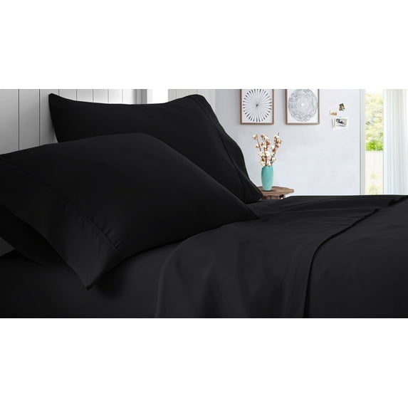 Olympic Queen Size Giza Cotton Sheet Set Solid - 4 Piece - Hotel Luxury Bed Sheets- 21" Deep Pockets Easy Fit - Breathable & Cooling Sheets ( Black )