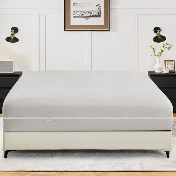Olympic Queen Size Zippered Closure Fitted Sheet (66" x 80"), 1-Piece Bottom Sheet, 100% Microfiber, Fits Up to 15" Deep Mattress, Color Silver gray Solid