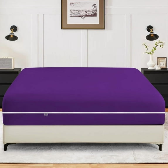 Olympic Queen Size Zippered Closure Fitted Sheet (66" x 80"), 1-Piece Bottom Sheet, 800 Thread Count 100% Egyptian Cotton, Fits Up to 15" Deep Mattress, Color Purple Solid