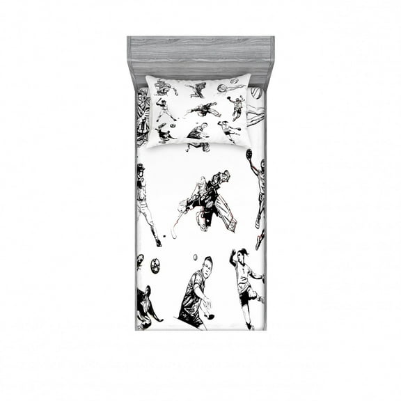 Olympics Bedding Set with Sheet & Covers, Basketball Football Volleyball Cricket Tennis Players Athletes Illustration Print, Printed Bedroom Decor 2 Shams, 4 Sizes, Black White, by Ambesonne