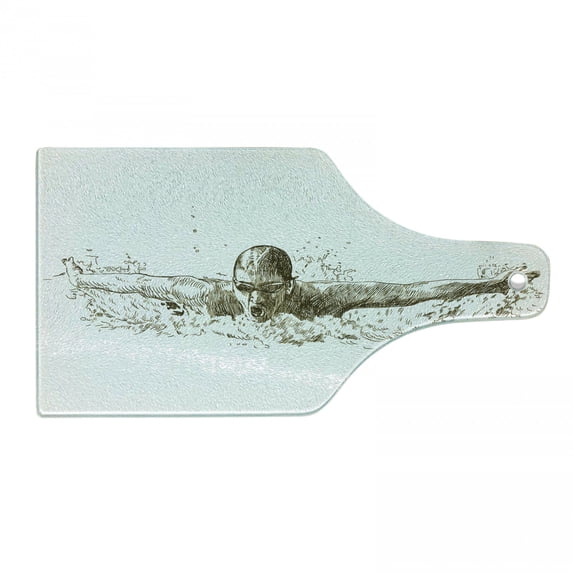Olympics Cutting Board, Swimmer Swimming Butterfly Style Competition Sport Sketch Art Illustration, Tempered Glass Cutting and Serving Board, Wine Bottle Shape, Olive Green White, by Ambesonne