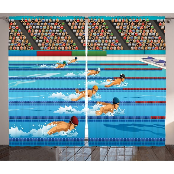 Ambesonne Cartoon Curtains 2 Panel Set, Olympics Swimming Race, 108" x 84", Blue Beige Red