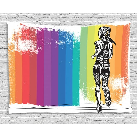 Olympics Decorations Tapestry, Female Marathon Runner on Vertical Stripes in Rainbow Color , Wall Hanging for Bedroom Living Room Dorm Decor, 80W X 60L Inches, Orange Purple Blue, by Ambesonne