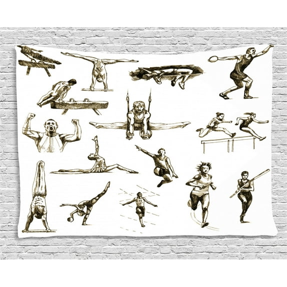 Olympics Decorations Tapestry, Illustration of Athletes Summer Sports Championship Marathon Theme , Wall Hanging for Bedroom Living Room Dorm Decor, 80W X 60L Inches, Black White, by Ambesonne