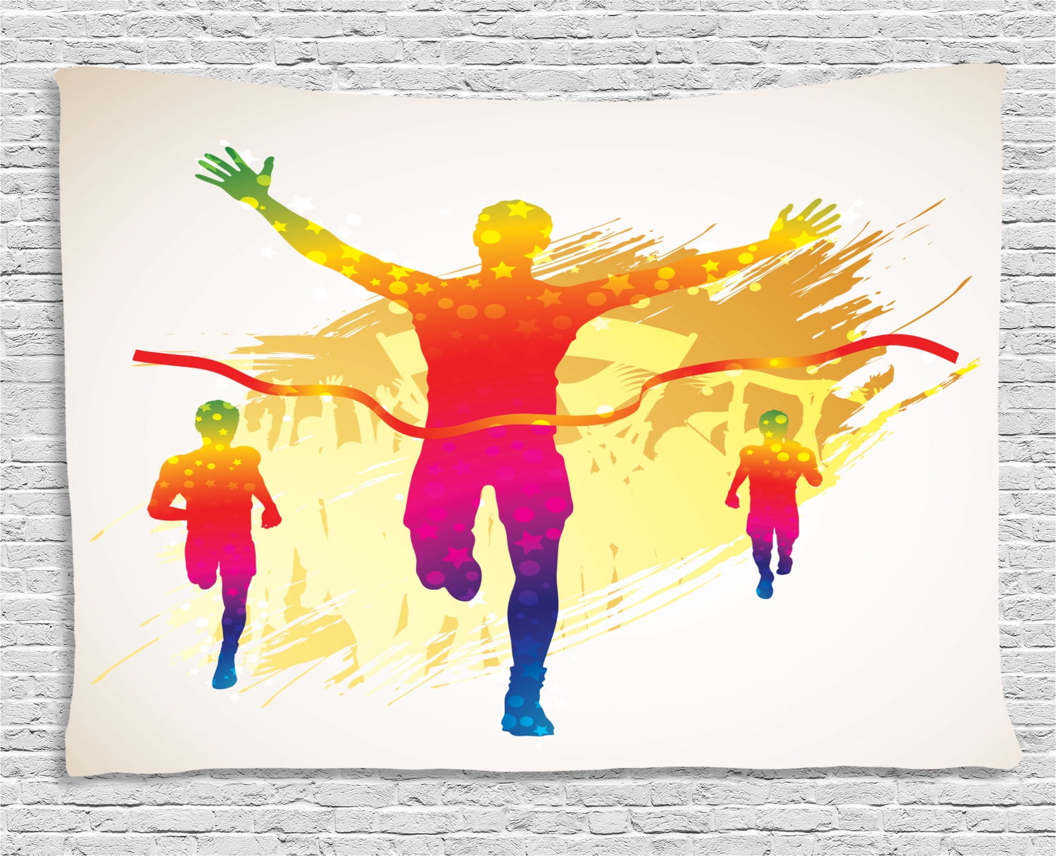 Olympics Decorations Tapestry, Silhouette Winner Man on Grunge Background Colorful Illustration, Wall Hanging for Bedroom Living Room Dorm Decor, 80W X 60L Inches, Yellow Puple, by Ambesonne