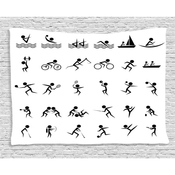 Olympics Decorations Tapestry, Summer Sport Icons Collection Boating Boxing Swimming Shooting Image, Wall Hanging for Bedroom Living Room Dorm Decor, 80W X 60L Inches, Black White, by Ambesonne