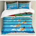 thumbnail image 1 of Olympics Duvet Cover Set, Illustration of Swimmers During Swimming Competition Sports Theme Cartoon Art, Decorative 3 Piece Bedding Set with 2 Pillow Shams, King Size, Blue Beige Red, by Ambesonne, 1 of 3