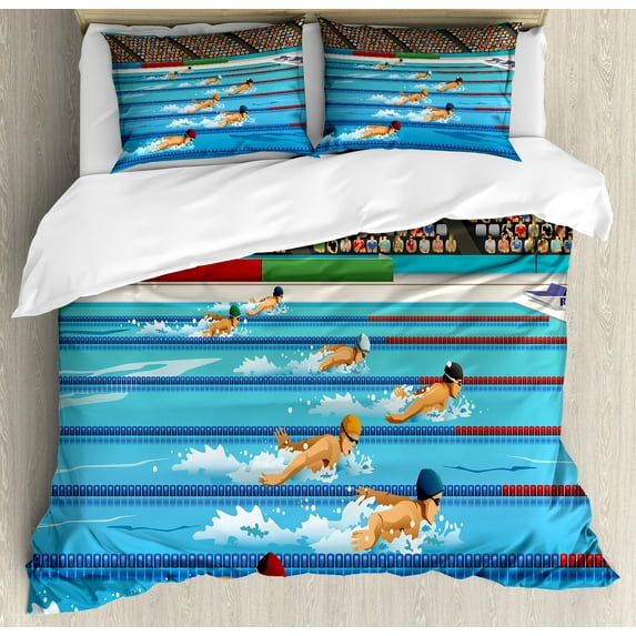 Olympics Duvet Cover Set, Illustration of Swimmers During Swimming Competition Sports Theme Cartoon Art, Decorative 3 Piece Bedding Set with 2 Pillow Shams, King Size, Blue Beige Red, by Ambesonne
