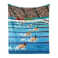 thumbnail image 1 of Olympics Soft Flannel Fleece Blanket, Illustration of Swimmers During Swimming Competition Sports Theme Cartoon Art, Cozy Plush for Indoor and Outdoor Use, 60" x 80", Blue Beige Red, by Ambesonne, 1 of 5