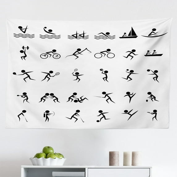Olympics Tapestry, Sports Competition Games Signs Dancing Horse Riding Bowling Athletics Themed Art, Fabric Wall Hanging Decor for Bedroom Living Room Dorm, 2 Sizes, Black White, by Ambesonne
