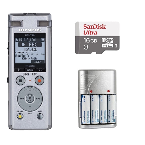 Olympus DM-720 4GB Digital Recorder (Silver) + 16GB Memory Card - Basic Kit (International Version)