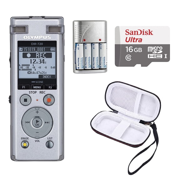 Olympus DM-720 4GB Digital Recorder (Silver) + 16GB Memory Card - Essential Kit (International Version)